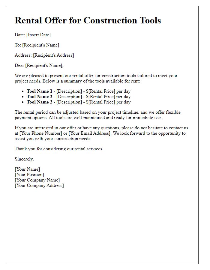 Letter template of rental offer for construction tools