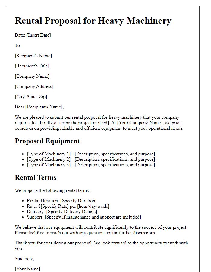 Letter template of rental proposal for heavy machinery