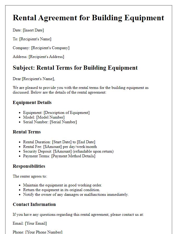 Letter template of rental terms for building equipment