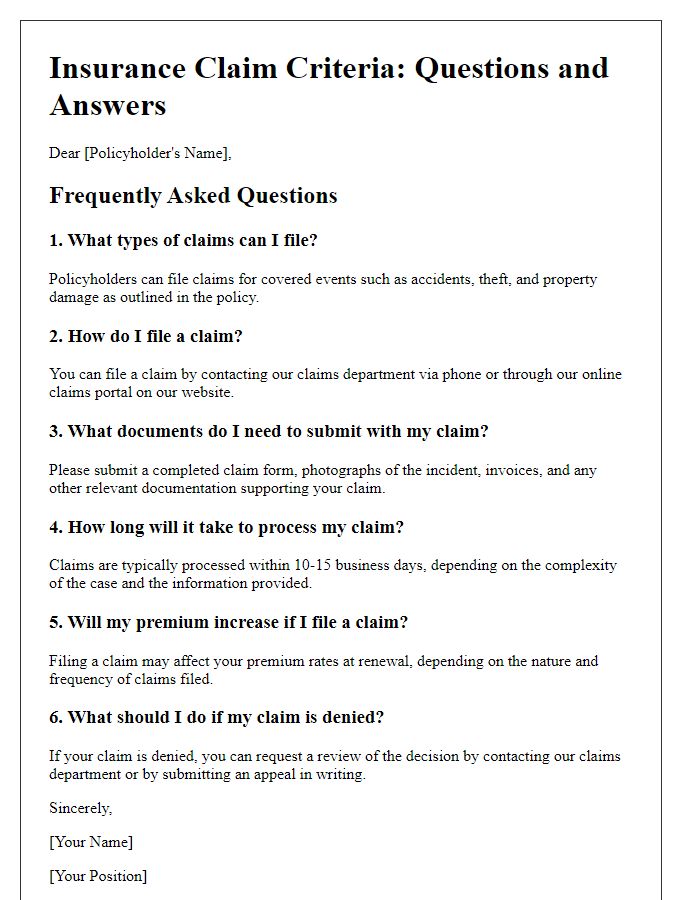 Letter template of common insurance claim criteria questions and answers