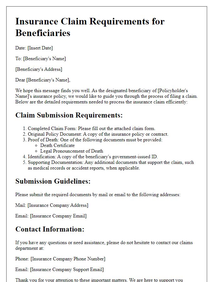 Letter template of detailed insurance claim requirements for beneficiaries