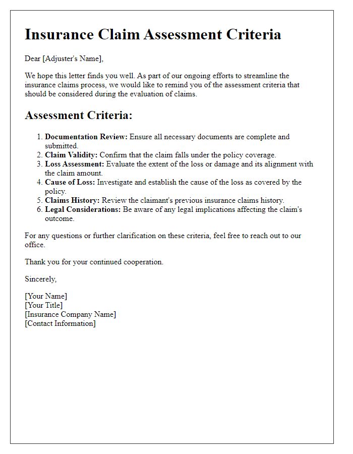 Letter template of insurance claim assessment criteria for adjusters