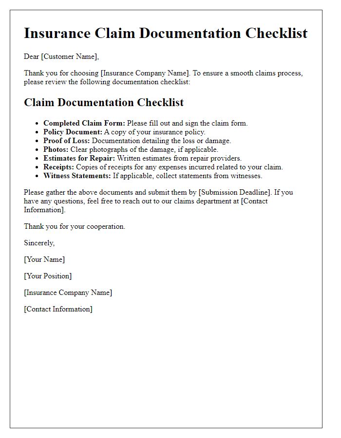 Letter template of insurance claim documentation checklist for customers