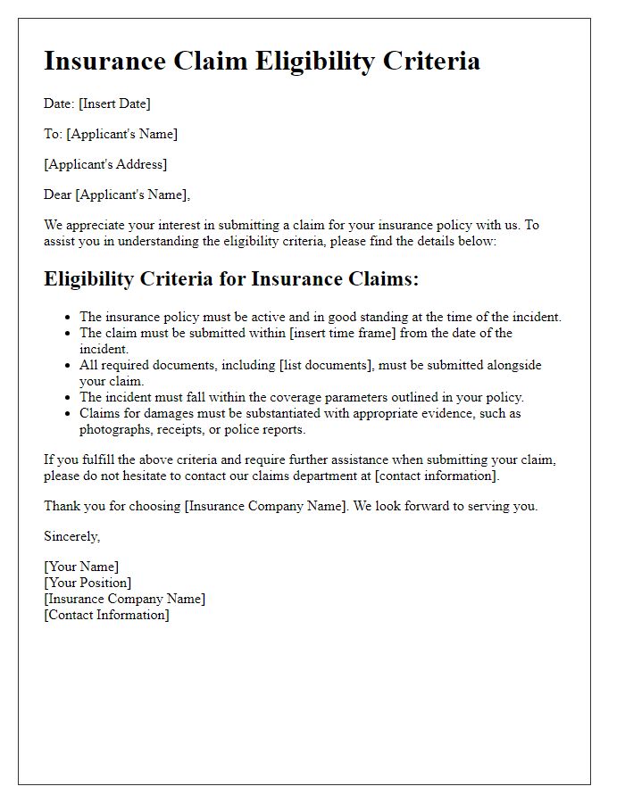 Letter template of insurance claim eligibility criteria for applicants