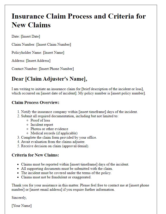 Letter template of insurance claim process and criteria for new claims