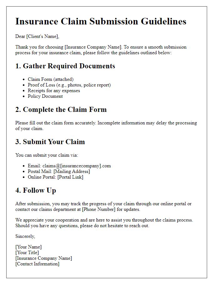 Letter template of insurance claim submission guidelines for clients