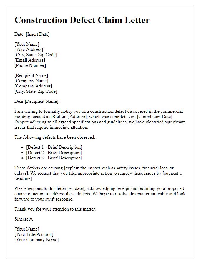 Letter template of construction defect claim for commercial building.