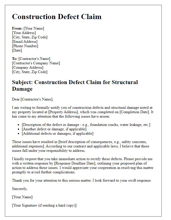 Letter template of construction defect claim concerning structural damage.