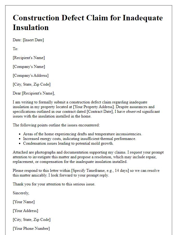 Letter template of construction defect claim for inadequate insulation.