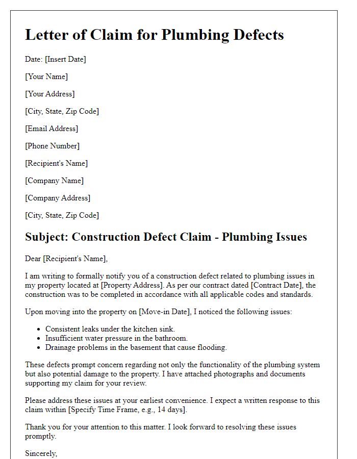 Letter template of construction defect claim involving plumbing issues.