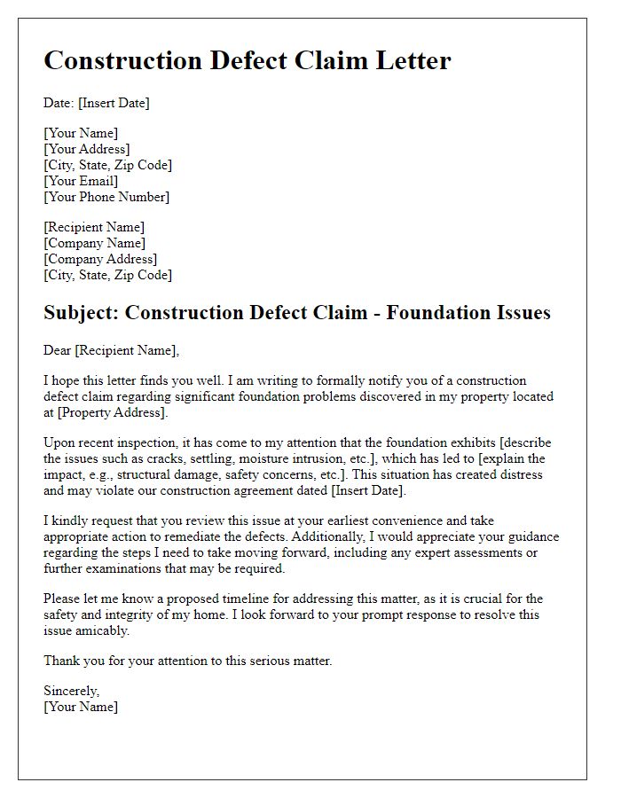 Letter template of construction defect claim regarding foundation problems.