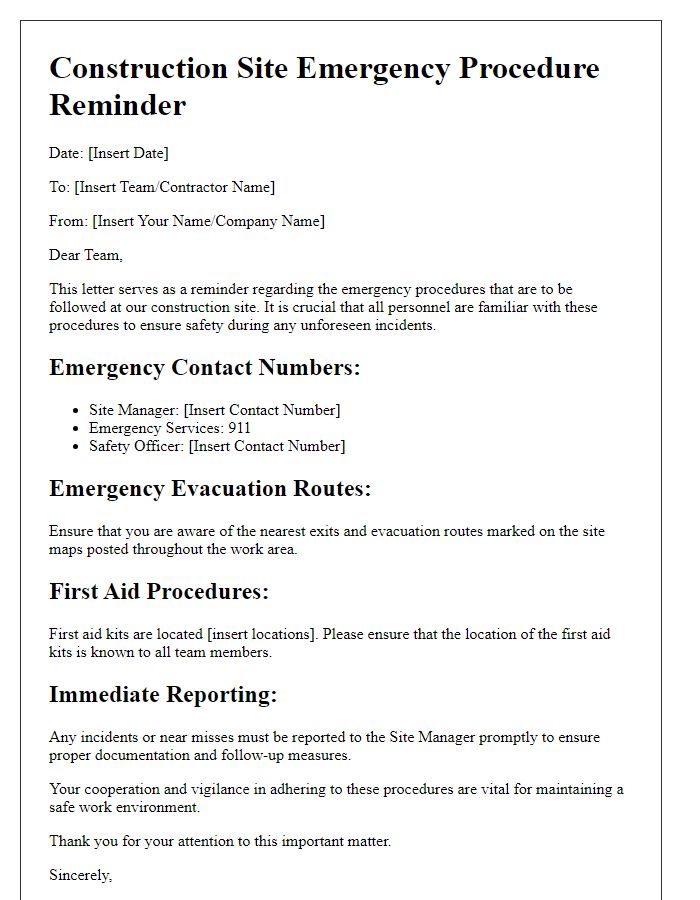 Letter template of construction site emergency procedure reminder