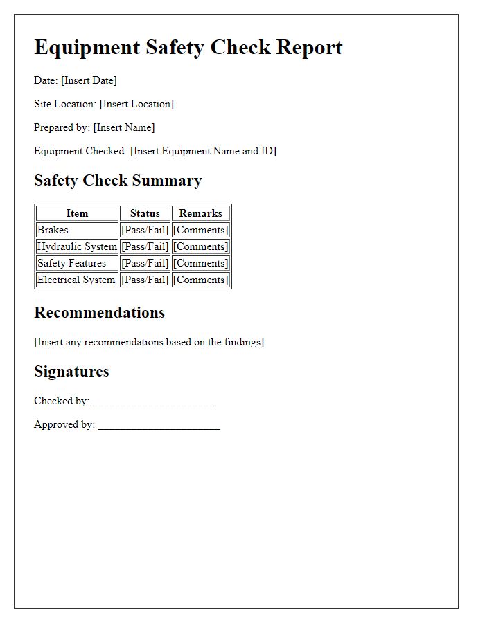 Letter template of construction site equipment safety check