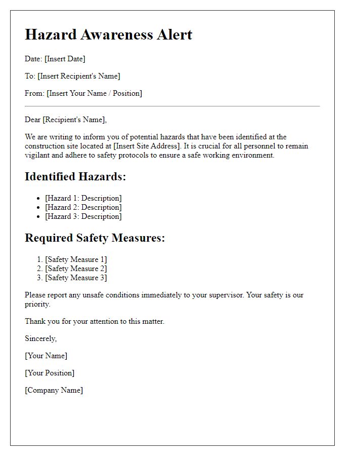 Letter template of construction site hazard awareness alert