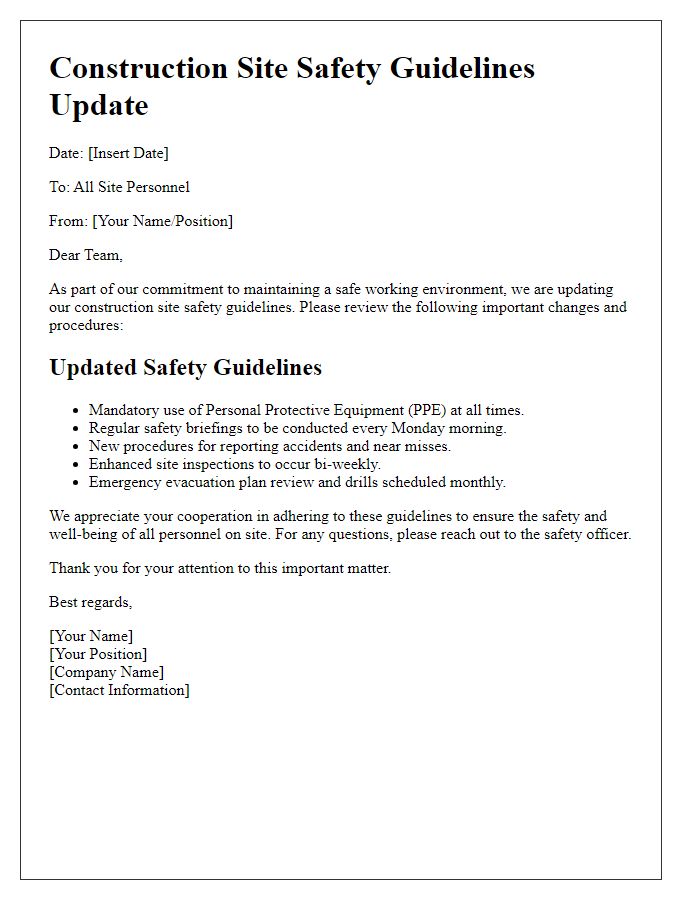 Letter template of construction site safety guidelines update