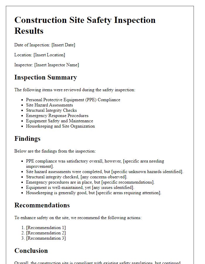 Letter template of construction site safety inspection results