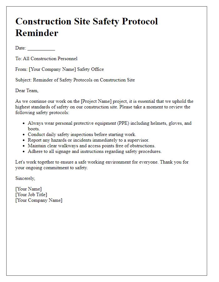 Letter template of construction site safety protocol reminder