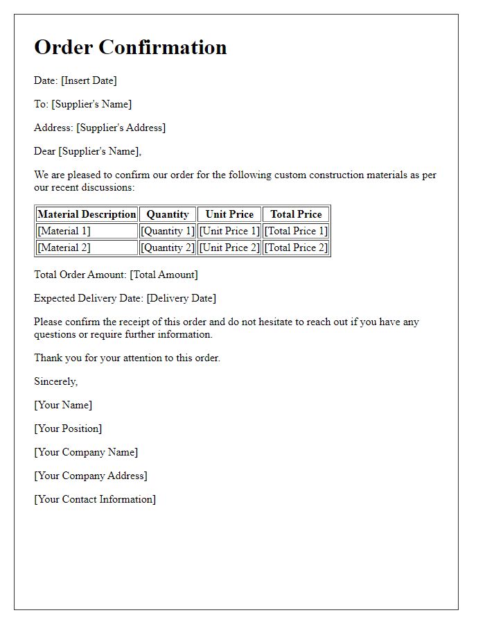 Letter template of construction material order confirmation for custom materials