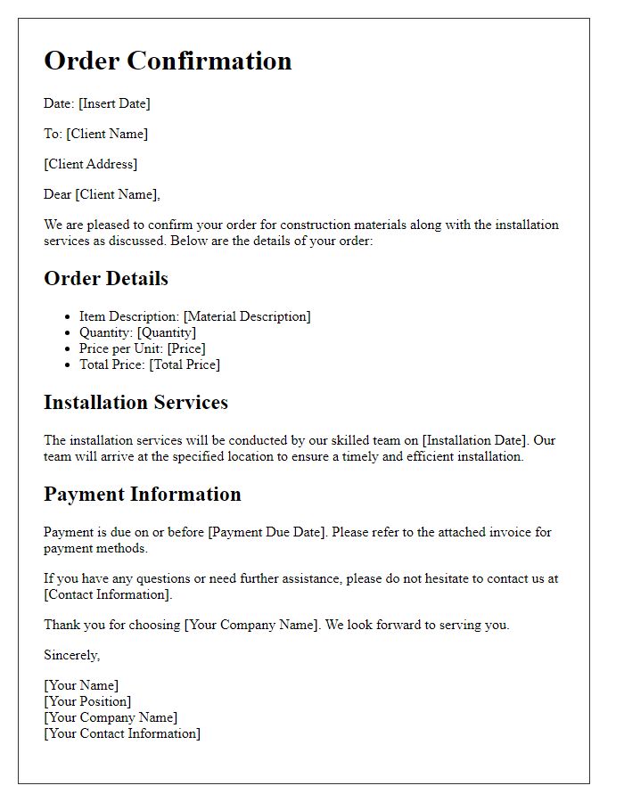 Letter template of construction material order confirmation with installation services included