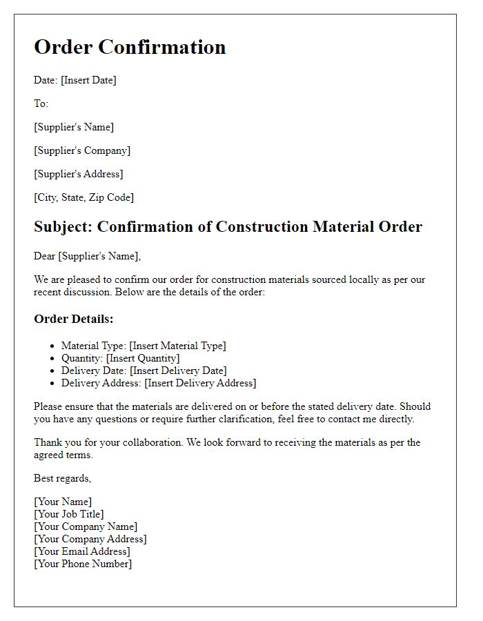 Letter template of construction material order confirmation for local sourcing