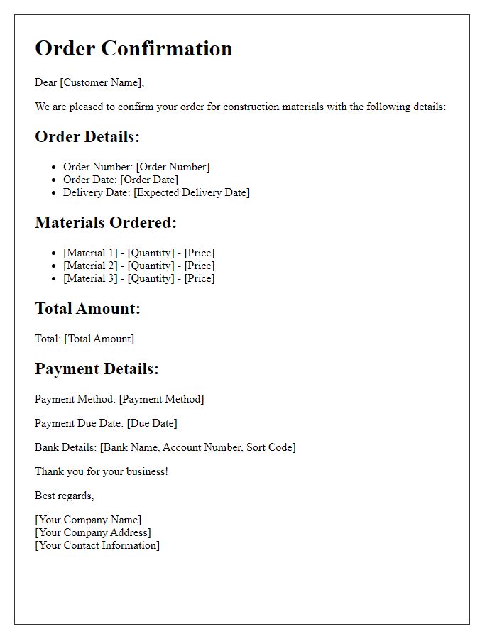 Letter template of construction material order confirmation with payment details