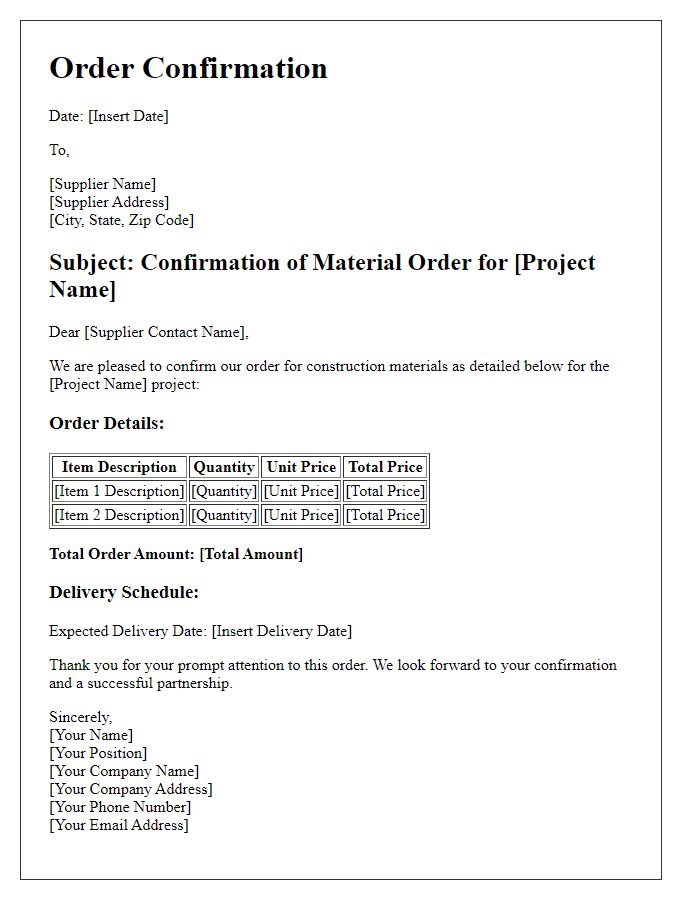 Letter template of construction material order confirmation for project-based orders