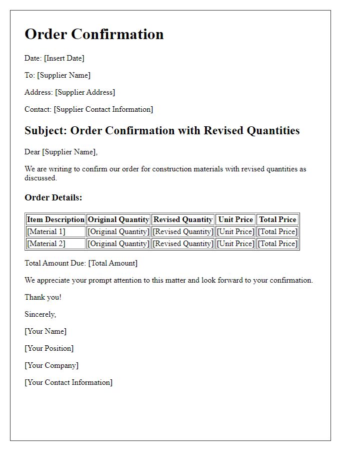 Letter template of construction material order confirmation with revised quantities