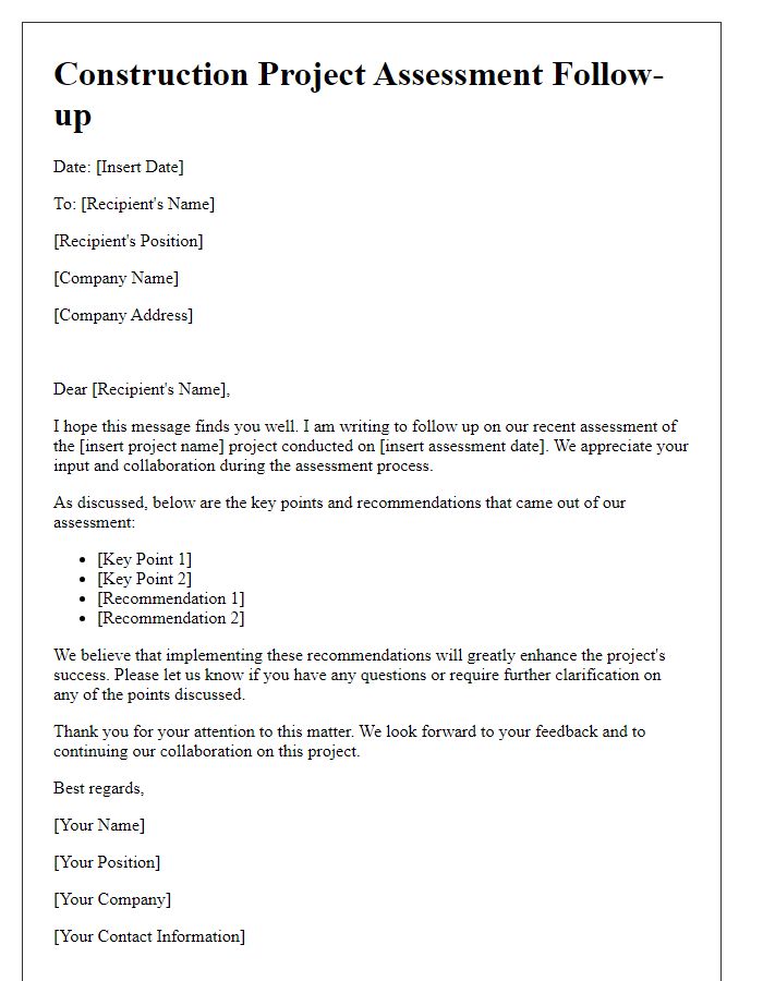 Letter template of construction project assessment follow-up