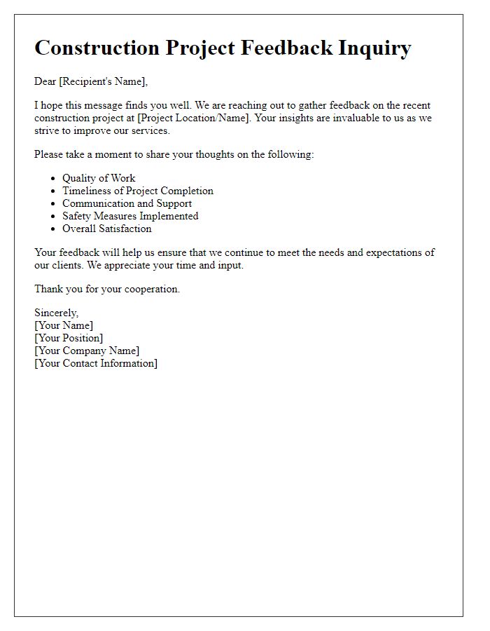 Letter template of construction project feedback inquiry