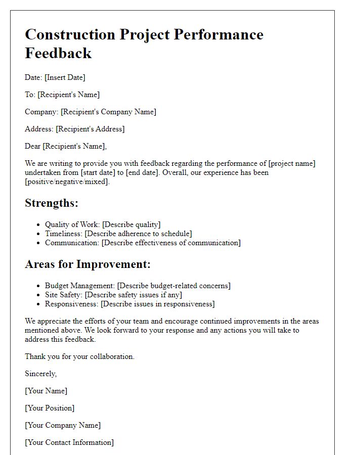 Letter template of construction project performance feedback