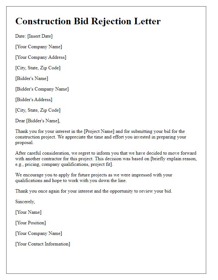 Letter template of construction bid rejection for commercial project