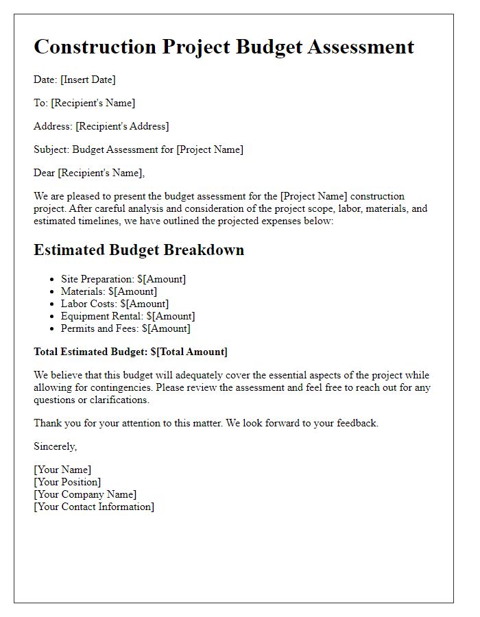 Letter template of construction project budget assessment