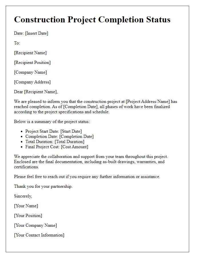 Letter template of construction project completion status