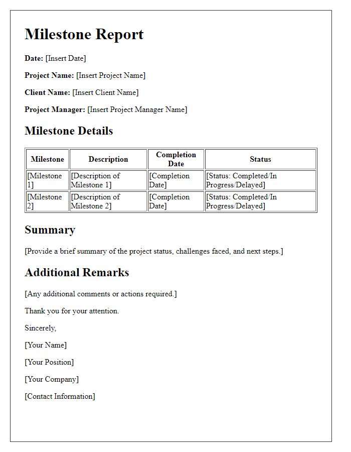 Letter template of construction project milestone report