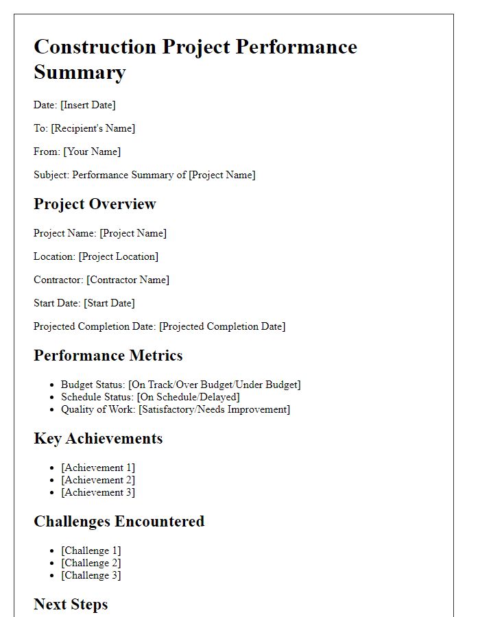 Letter template of construction project performance summary