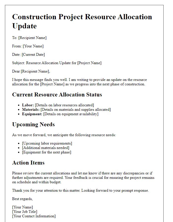 Letter template of construction project resource allocation update