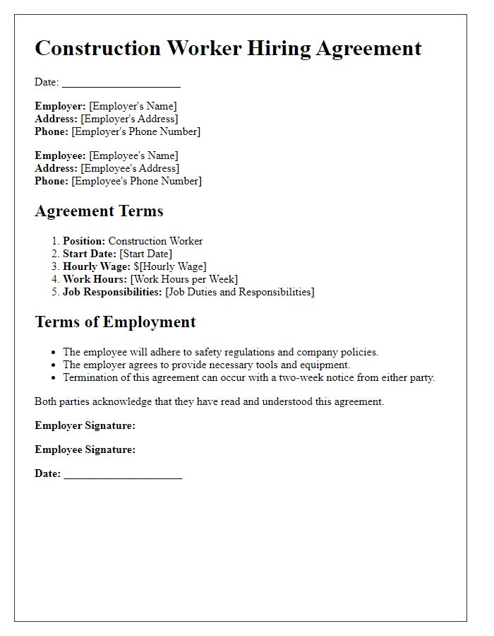 Letter template of construction worker hiring agreement