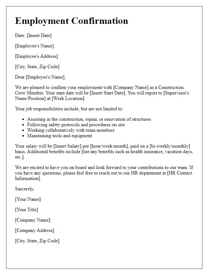 Letter template of employment confirmation for construction crew member