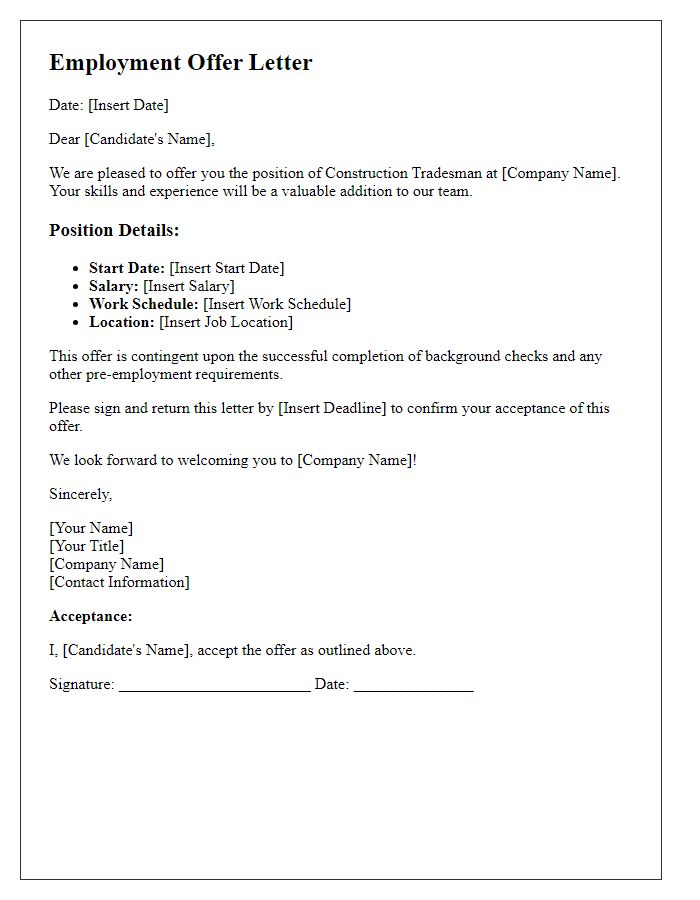 Letter template of employment offer for construction tradesman