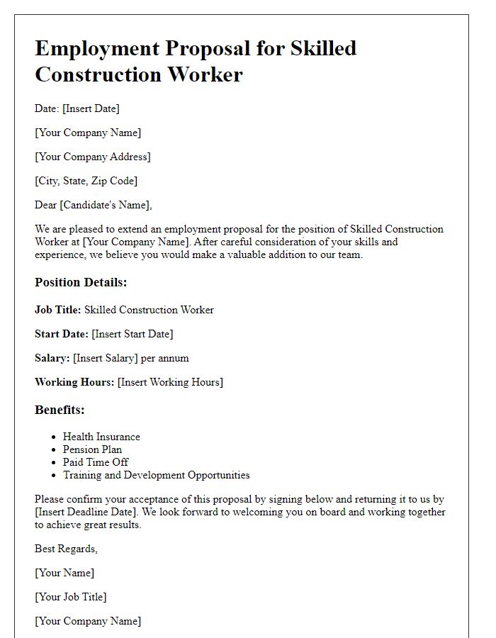 Letter template of employment proposal for skilled construction worker