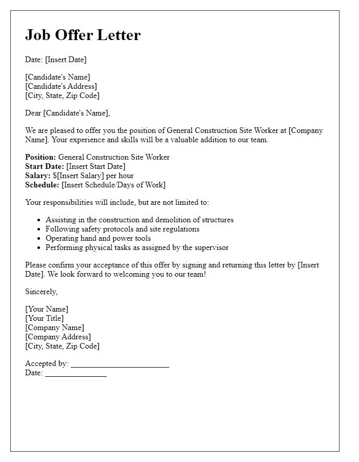 Letter template of job offer for general construction site worker