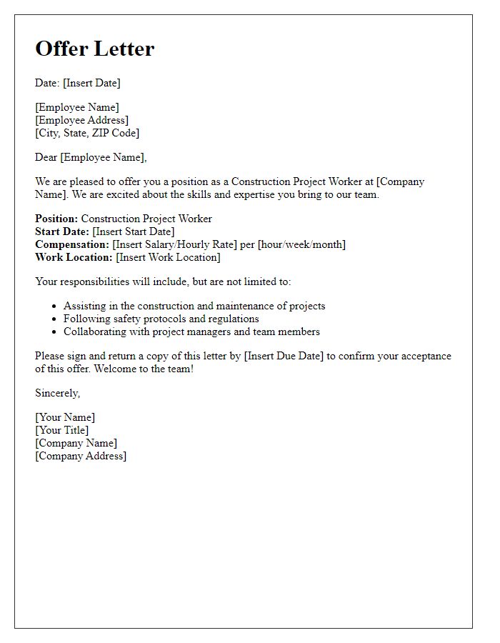 Letter template of offer letter for construction project worker