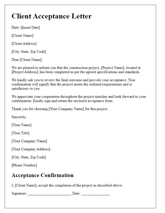 Letter template of construction project client acceptance