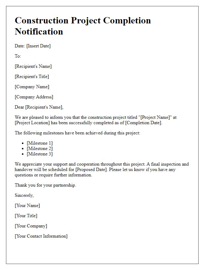 Letter template of construction project completion notification