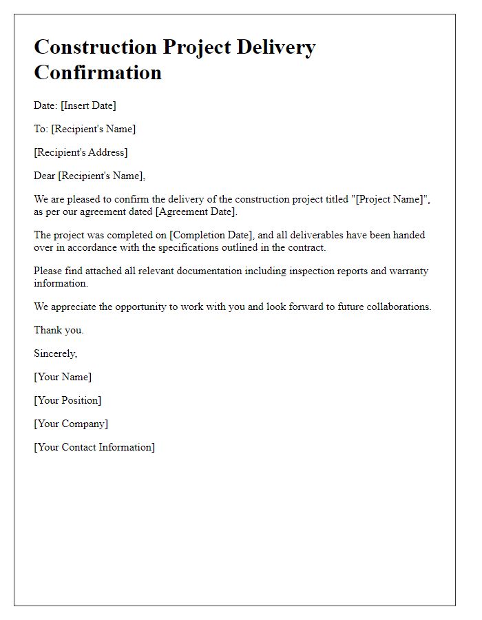 Letter template of construction project delivery confirmation