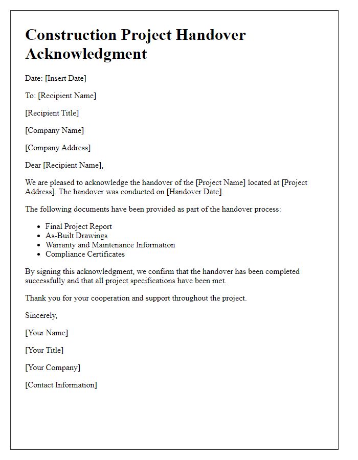 Letter template of construction project handover acknowledgment