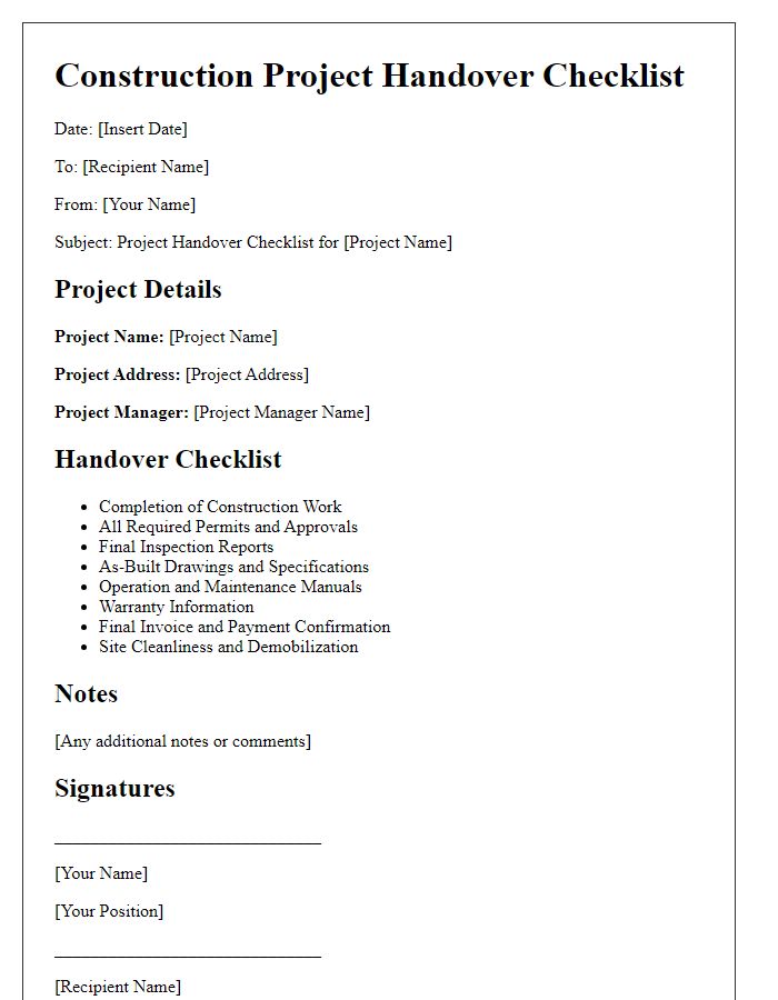 Letter template of construction project handover checklist