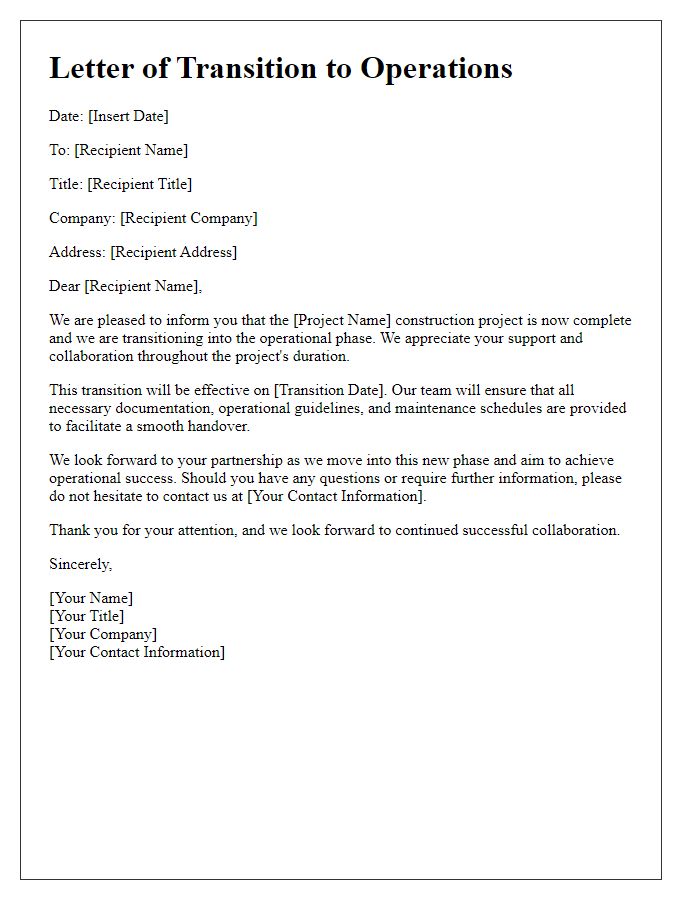 Letter template of construction project transition to operations