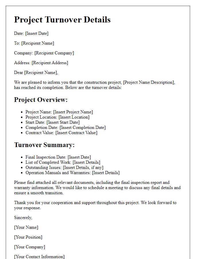 Letter template of construction project turnover details