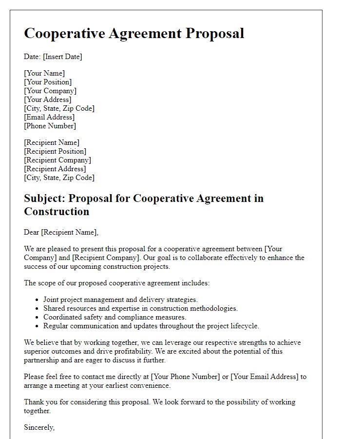 Letter template of cooperative agreement proposal in construction industry